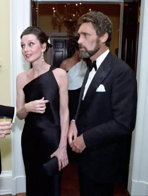 Audrey Hepburn at a private dinner for the Prince of Wales at the White House (1981)