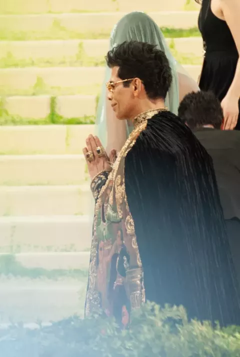 Karan Johar at the 2026 Met Gala, wearing fashion in theme of "Costume Art"