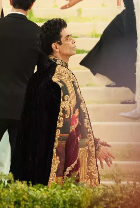 Karan Johar at the 2026 Met Gala, wearing fashion in theme of "Costume Art"