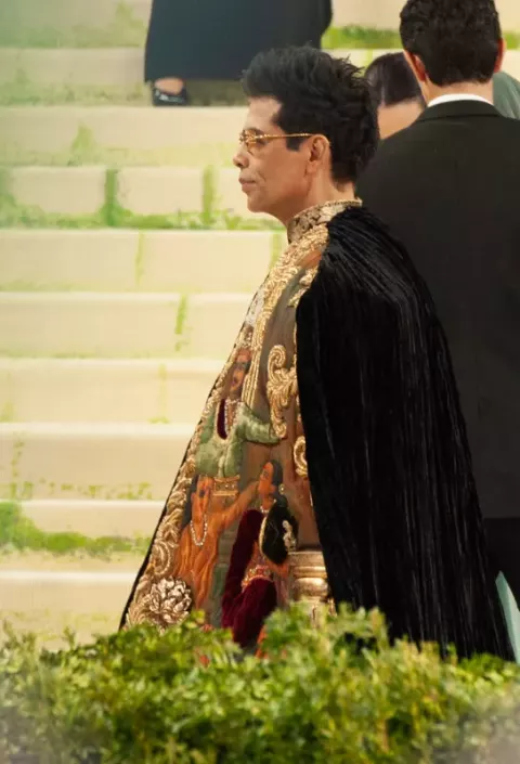 Karan Johar at the 2026 Met Gala, wearing fashion in theme of "Costume Art"