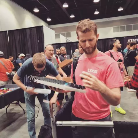 Linus Sebastian at the size of the keycap for the Red Dragon K605 keyboard (2023)