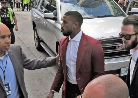 Michael B. Jordan at the press conference of Just Mercy (2019)