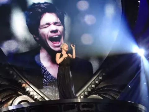 Pink at a concert alongside a video of Nate Ruess (2013)