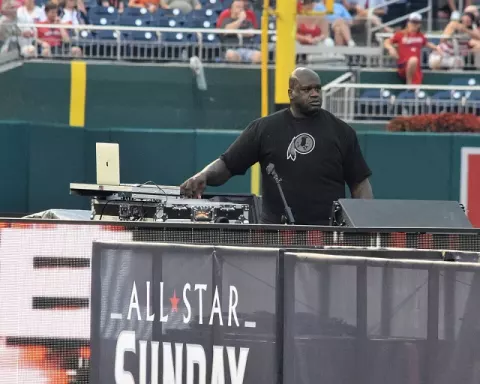 Shaquille O'Neal at the 2018 All-Star Legends & Celebrity Softball Game at Nationals Park