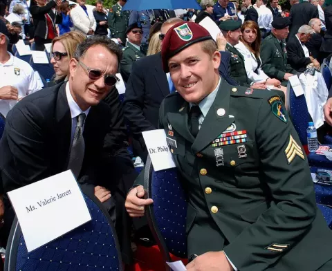 Tom Hanks at the 65th D-Day Anniversary ceremonies in Colleville Sur-Mer on June 6 (2009)